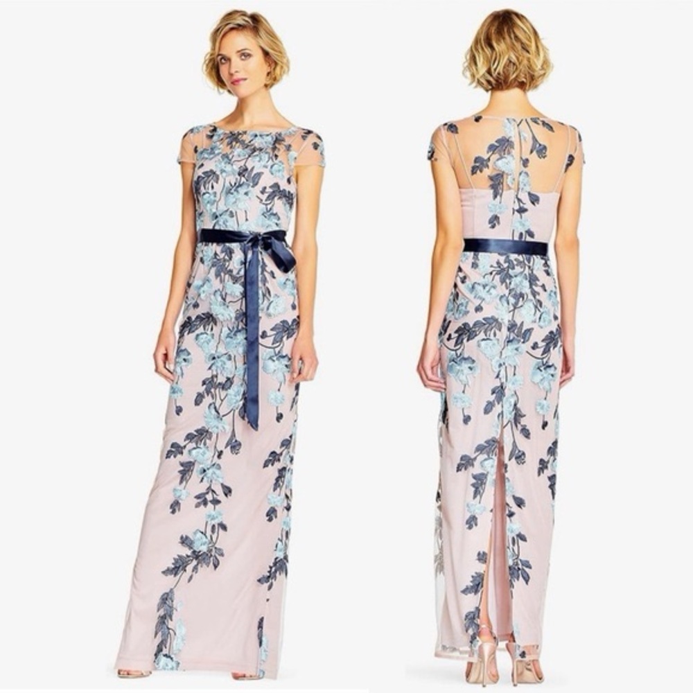 Adrianna Papell Floral Embroidered Maxi Dress with Sheer Details